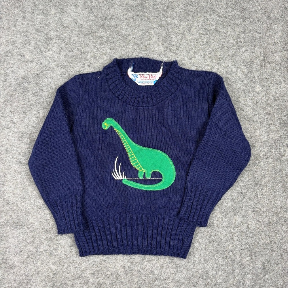 Blue Bird‎ Dinosaur Sweater Kids Navy Blue Vintage 70s 80s Brontosaurus Knit